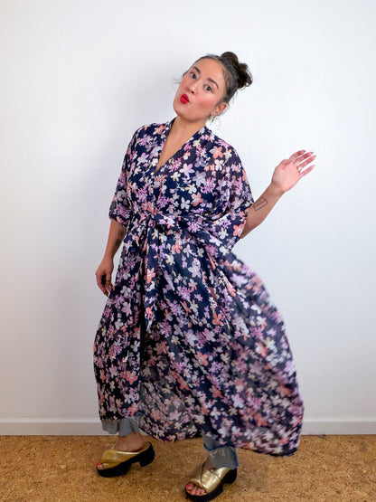 Print High Low Kimono Navy Peach Floral Chiffon