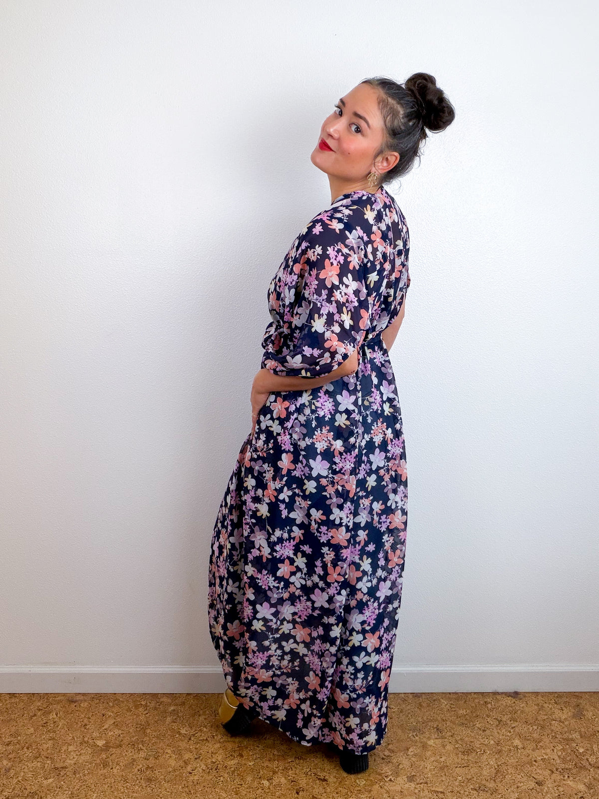 Print High Low Kimono Navy Peach Floral Chiffon