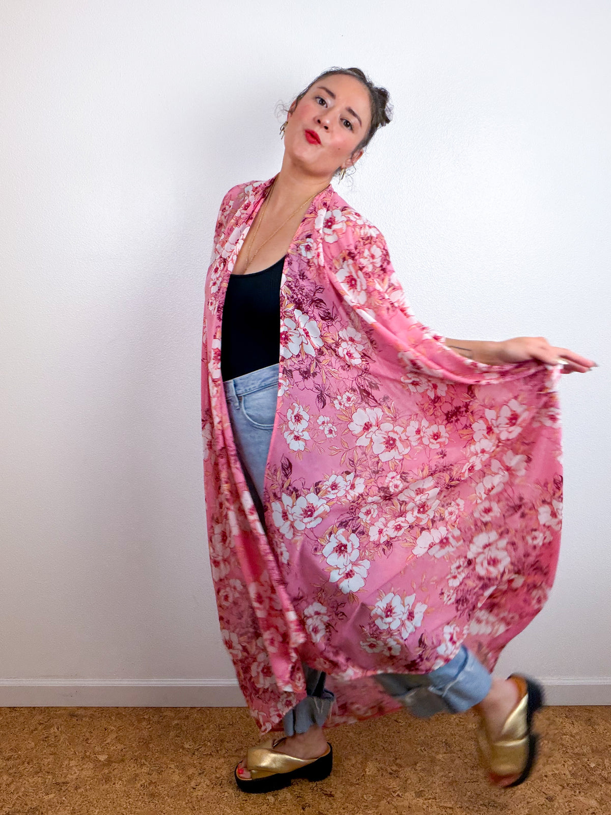 Print High Low Kimono Pink Magnolia Chiffon