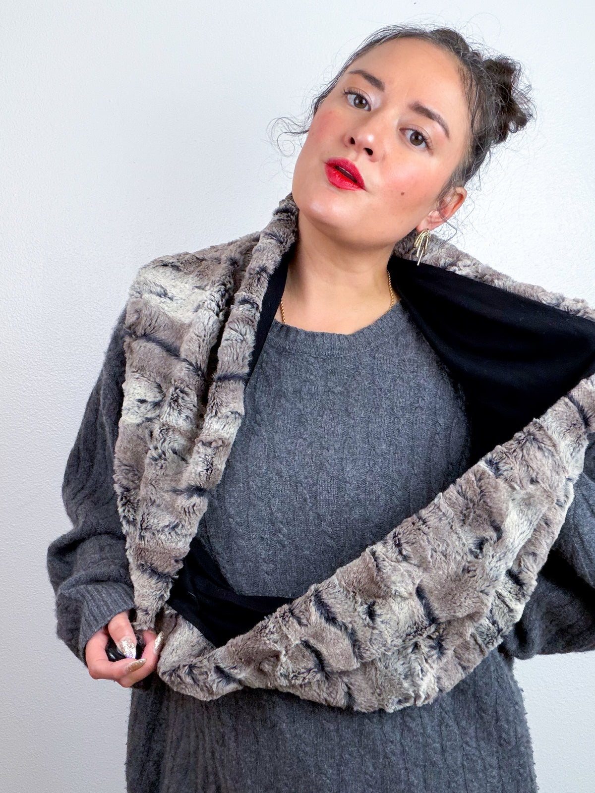Faux Fur Circle Scarf Taupe Rabbit Black