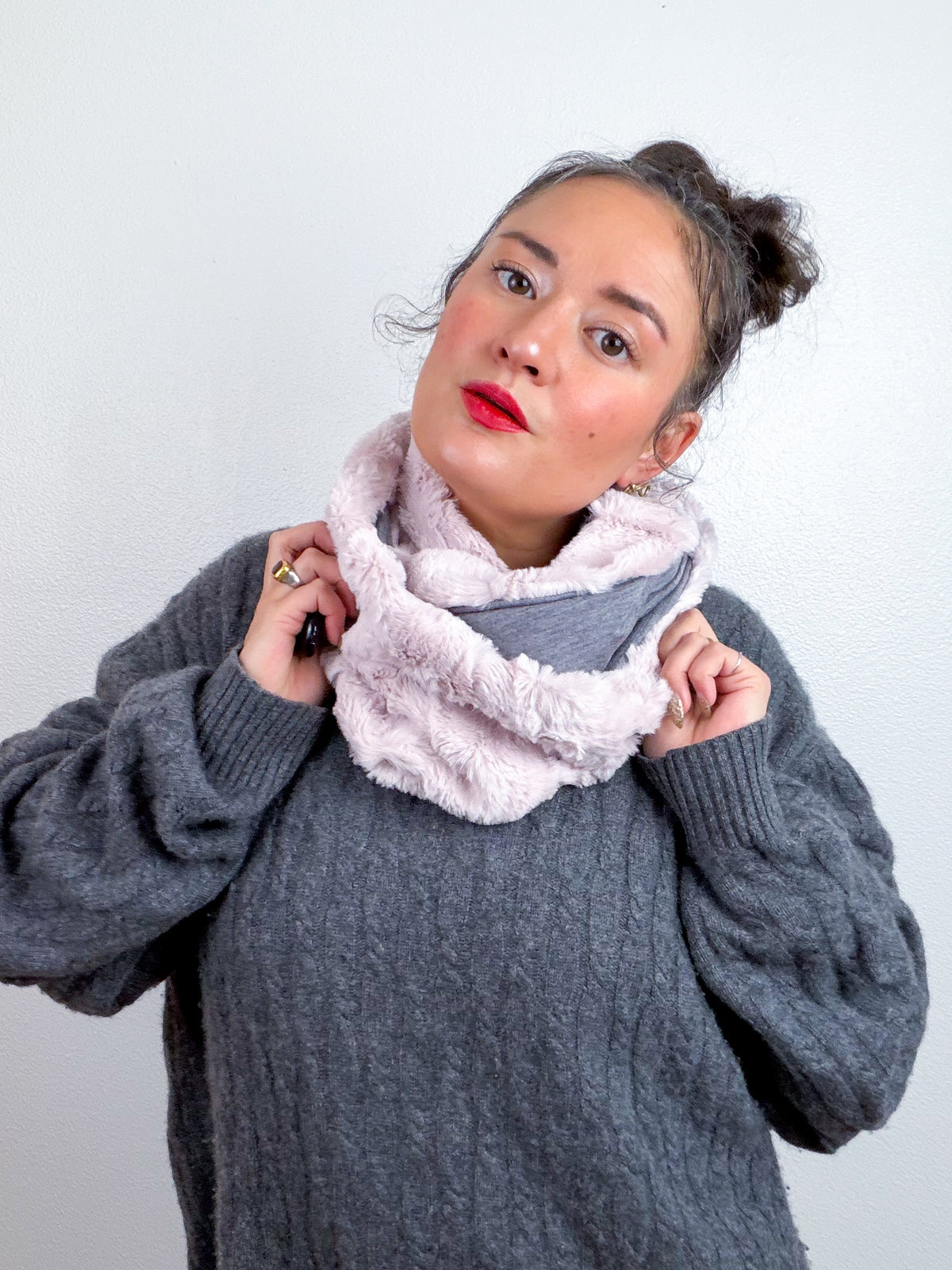 Faux Fur Circle Scarf Blush Rabbit Grey