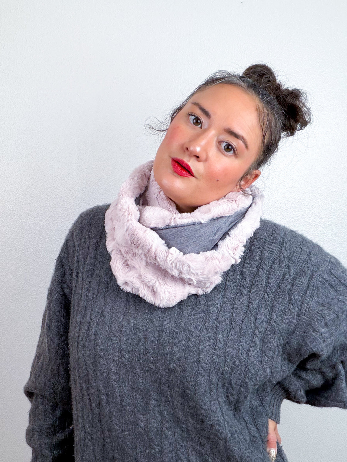 Faux Fur Circle Scarf Blush Rabbit Grey
