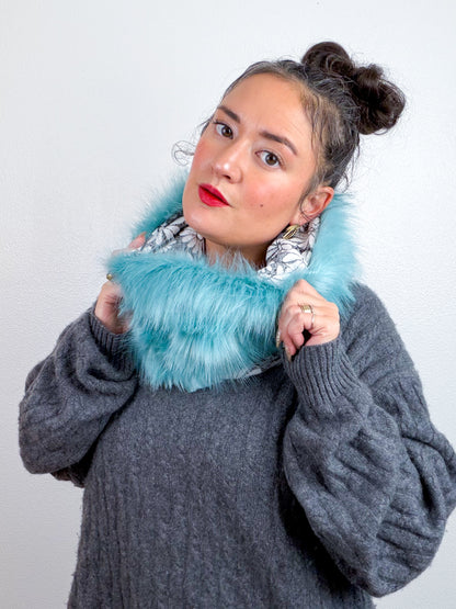 Faux Fur Cowl Scarf Blue Shag Floral