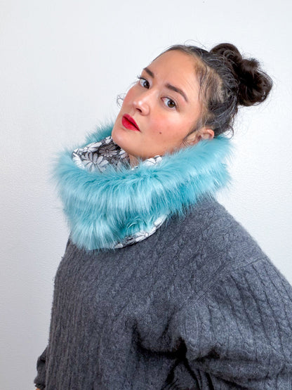 Faux Fur Cowl Scarf Blue Shag Floral