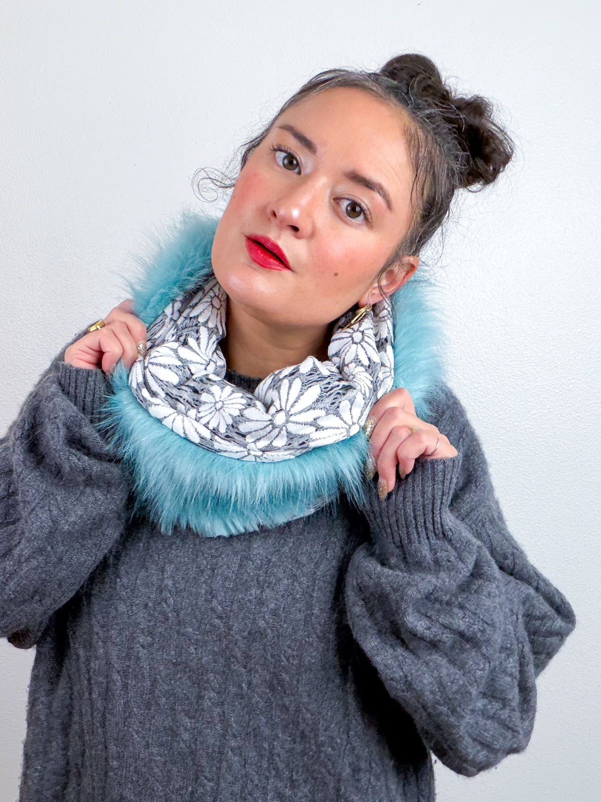 Faux Fur Cowl Scarf Blue Shag Floral