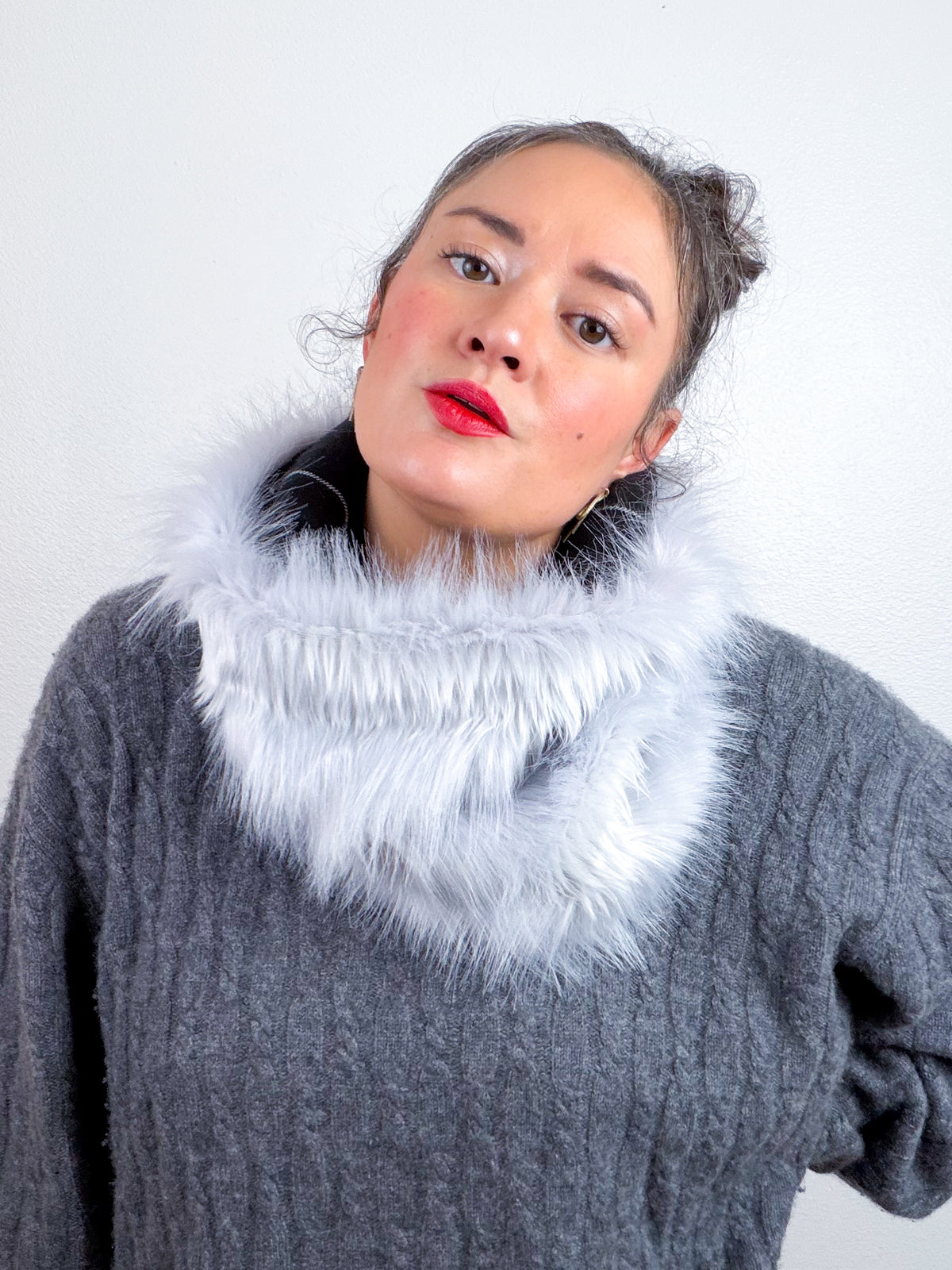 Faux Fur Cowl Scarf Silver Shag Plaid