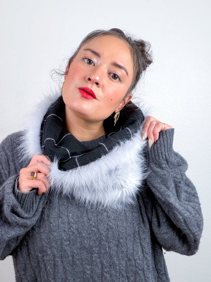 Faux Fur Cowl Scarf Silver Shag Plaid