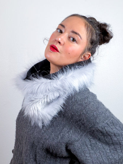 Faux Fur Cowl Scarf Silver Shag Plaid