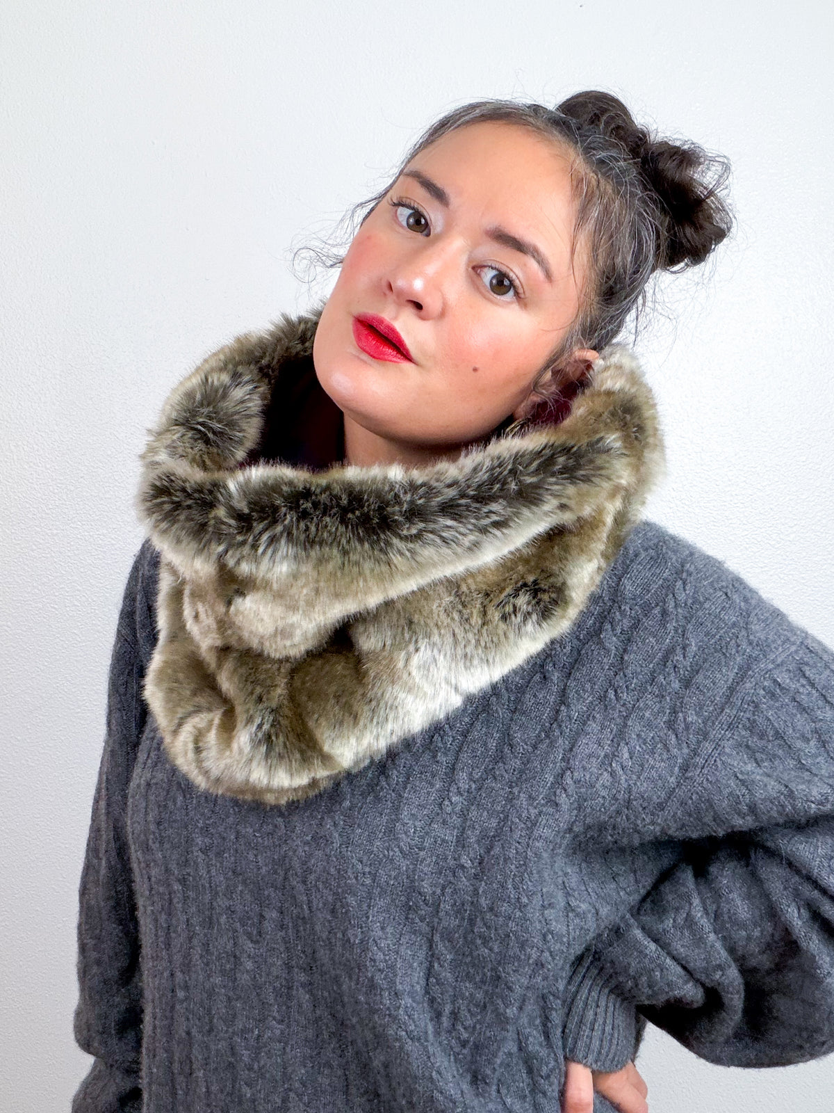 Faux Fur Cowl Scarf Taupe Fox Maroon Plaid
