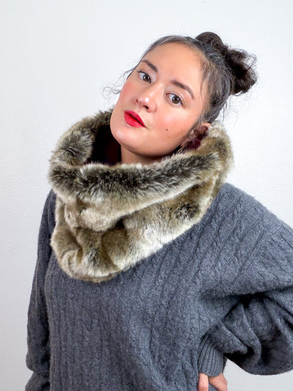 Faux Fur Cowl Scarf Taupe Fox Maroon Plaid