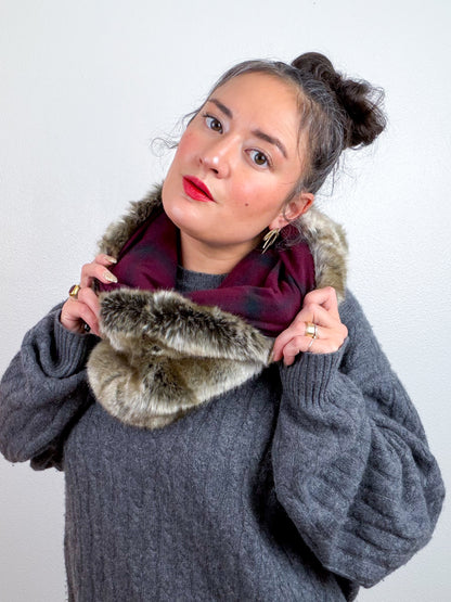 Faux Fur Cowl Scarf Taupe Fox Maroon Plaid