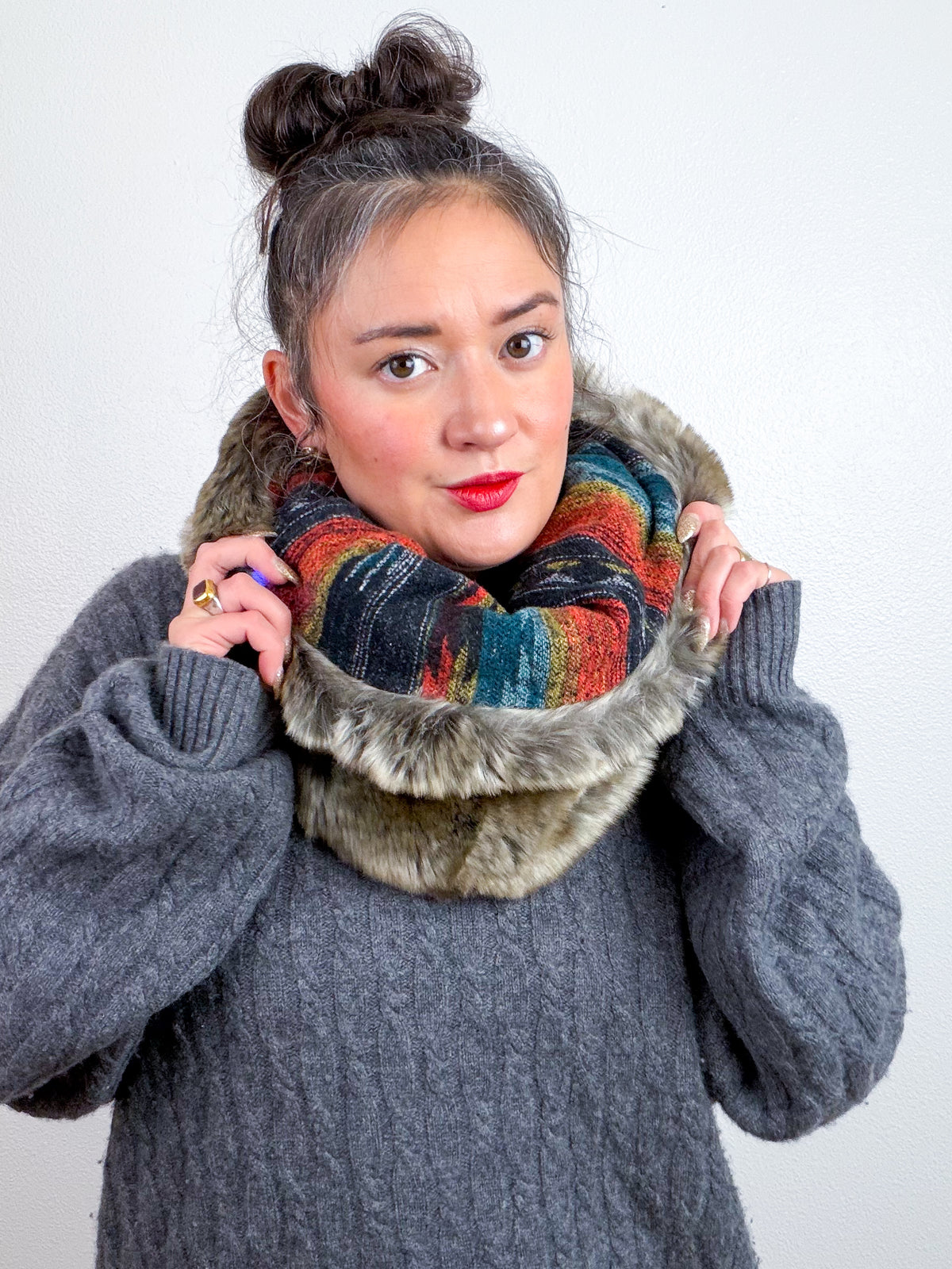 Faux Fur Cowl Scarf Taupe Fox Orange Southwest