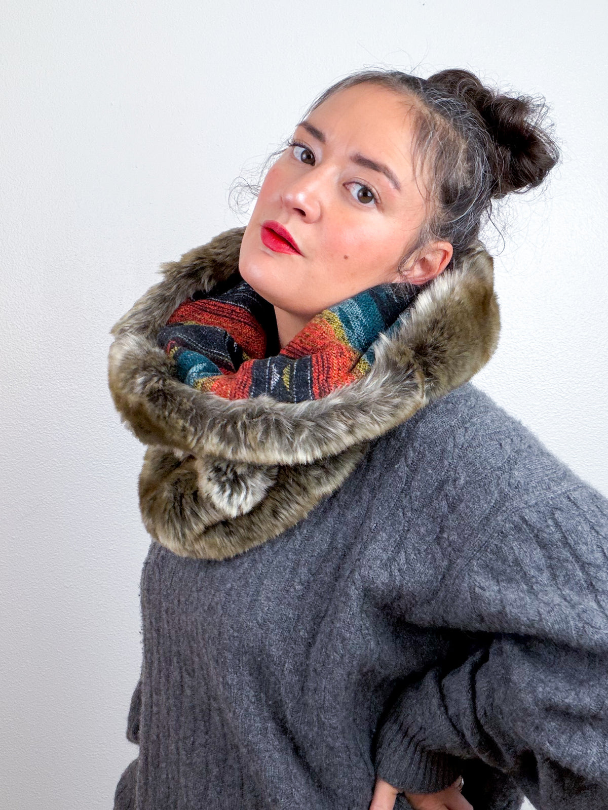 Faux Fur Cowl Scarf Taupe Fox Orange Southwest