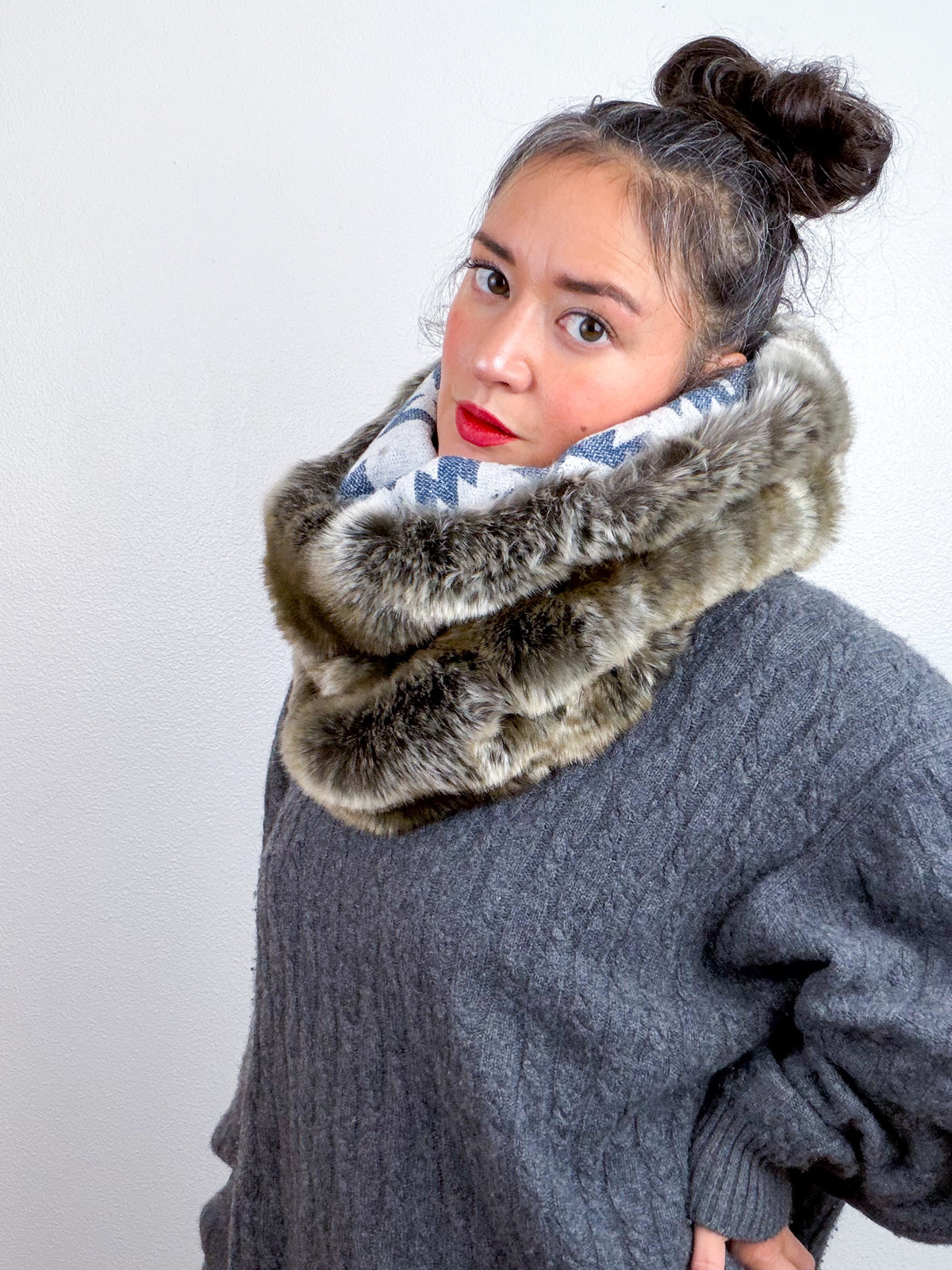 Faux Fur Cowl Scarf Taupe Fox Blue Southwest
