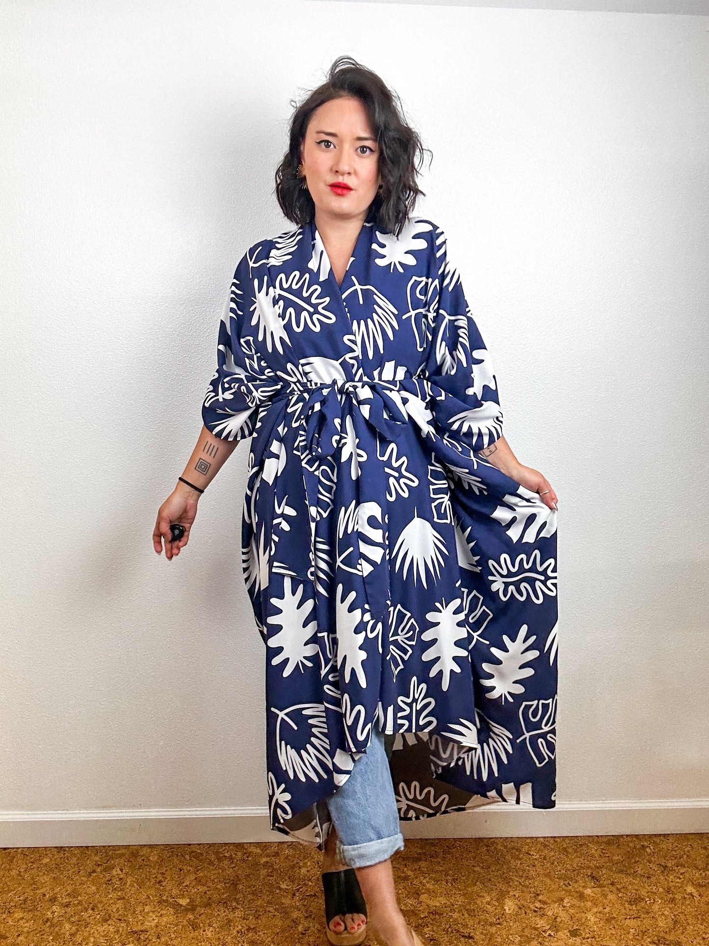Print High Low Kimono Navy Mod Leaves Challis