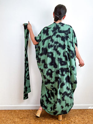 Print High Low Kimono Sage Black Ikat Challis