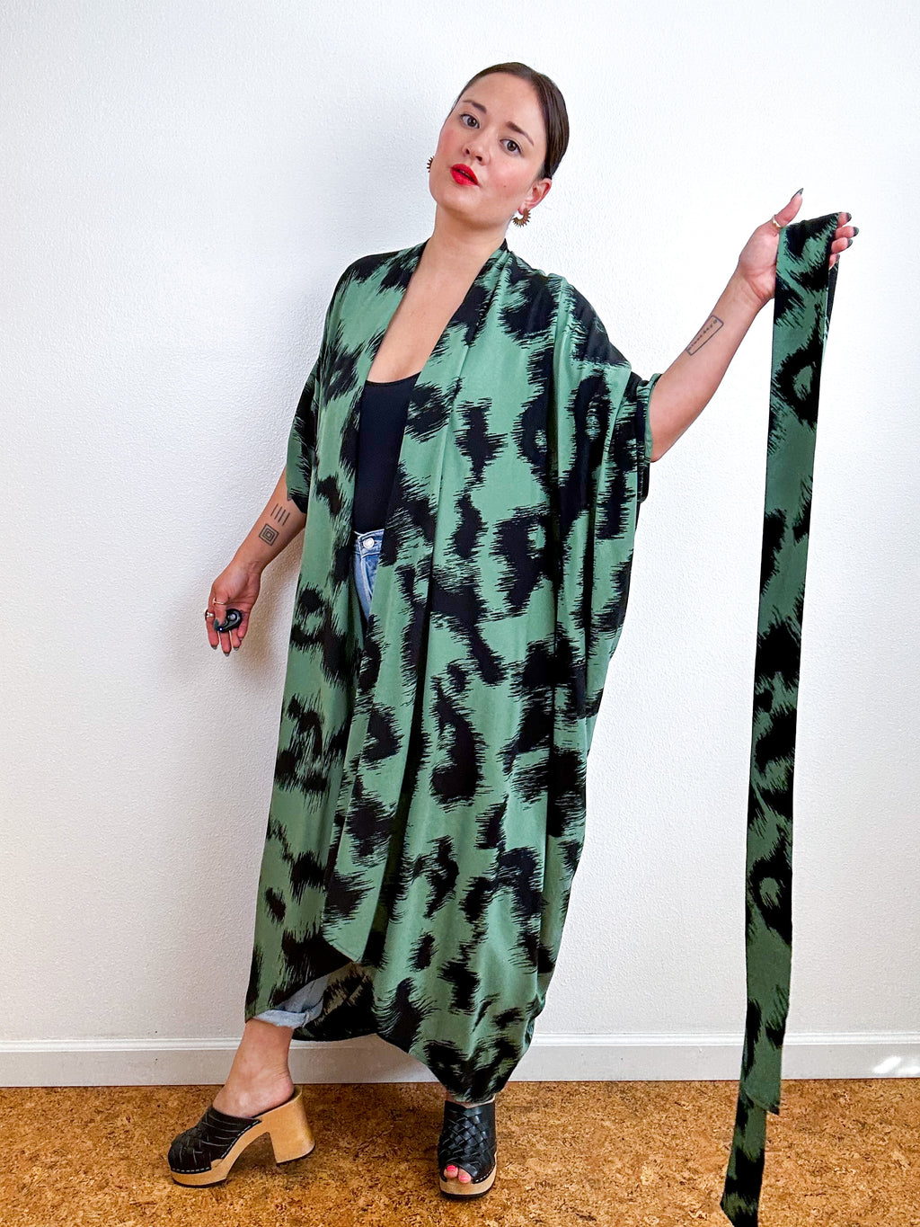 Print High Low Kimono Sage Black Ikat Challis