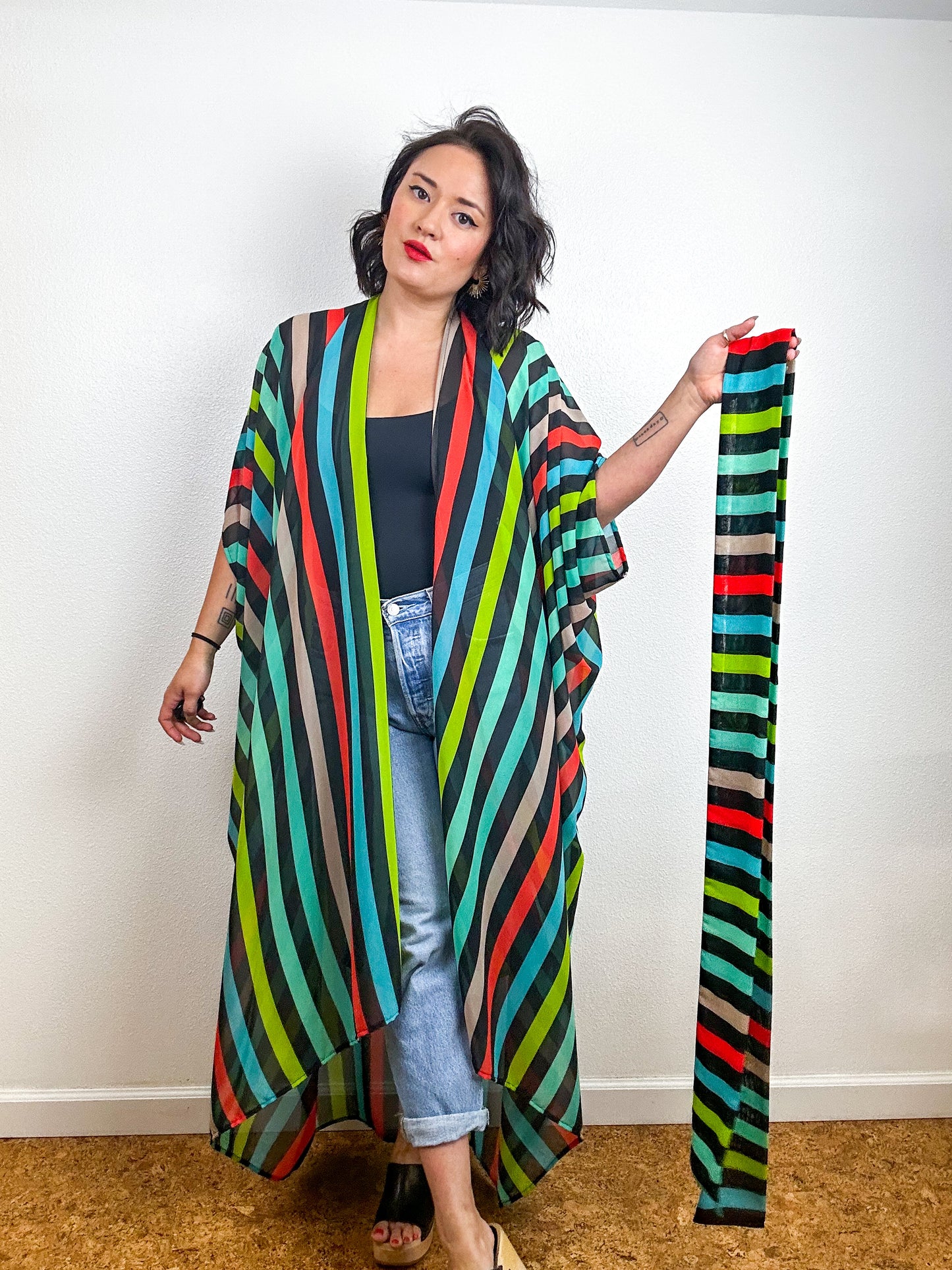 Print High Low Kimono Rainbow Stripe 3 Chiffon