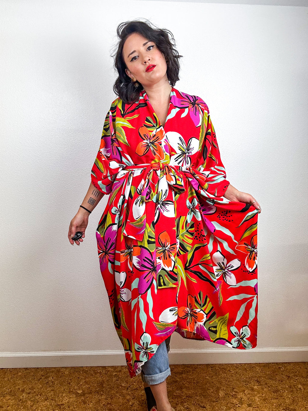 Print High Low Kimono Red Tropical Challis