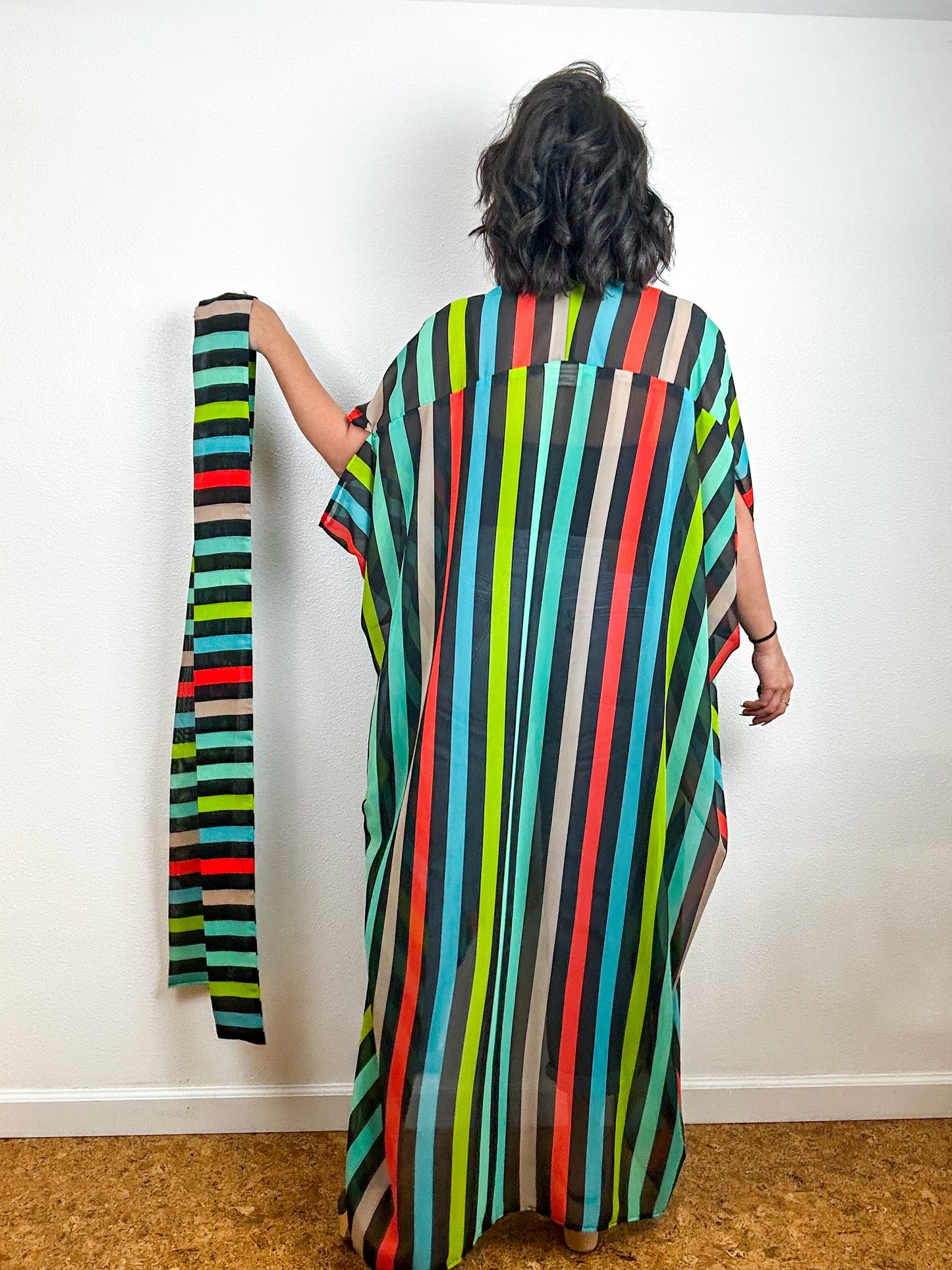 Print High Low Kimono Rainbow Stripe 3 Chiffon