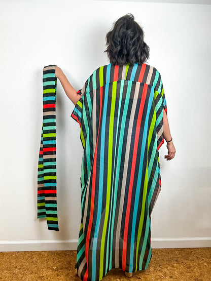 Print High Low Kimono Rainbow Stripe 3 Chiffon