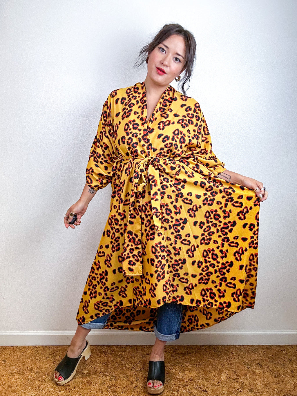 Print High Low Kimono Marigold Leopard Crepe de Chine