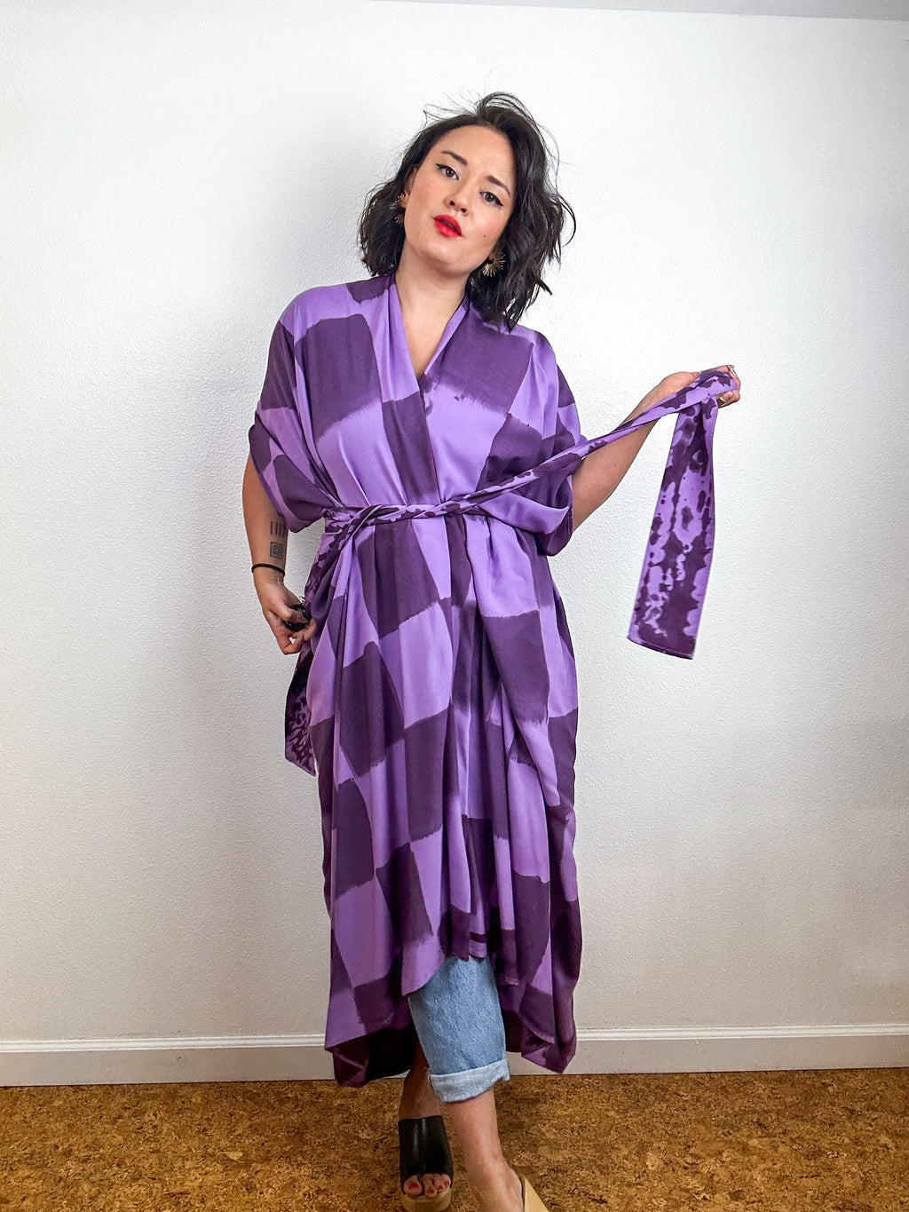 Hand-Dyed High Low Kimono Lavender Plum Check