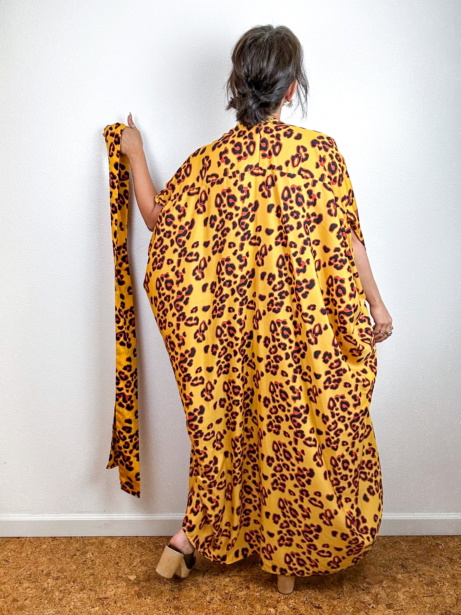 Print High Low Kimono Marigold Leopard Crepe de Chine