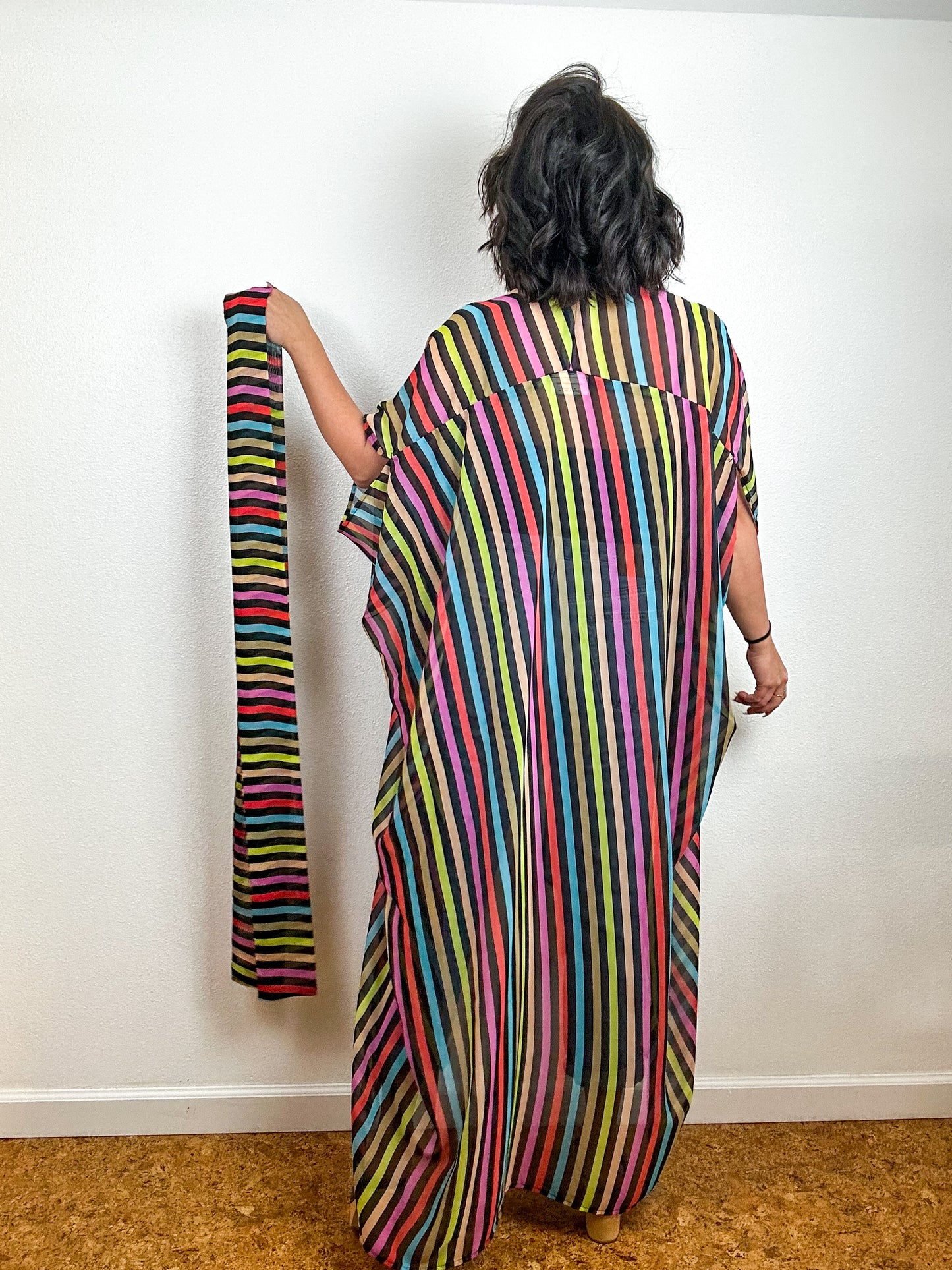 Print High Low Kimono Rainbow Stripe 2 Chiffon