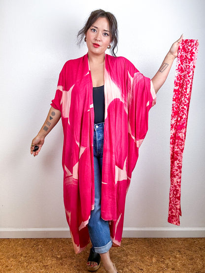 Hand-Dyed High Low Kimono Peach Fuchsia Arc