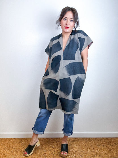 Hand-Dyed Mini Smock Dress Olive Black Brush