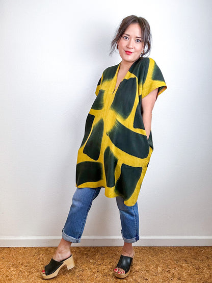 Hand-Dyed Mini Smock Dress Marigold Black Brush