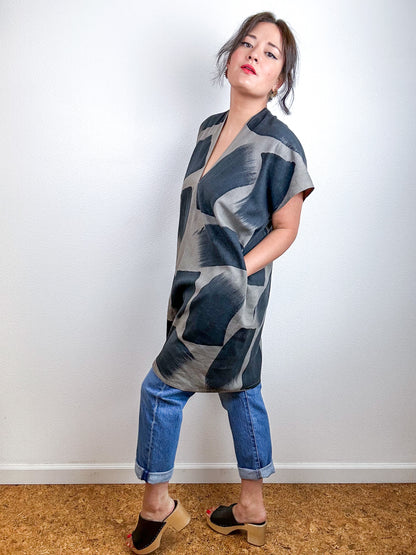 Hand-Dyed Mini Smock Dress Olive Black Brush