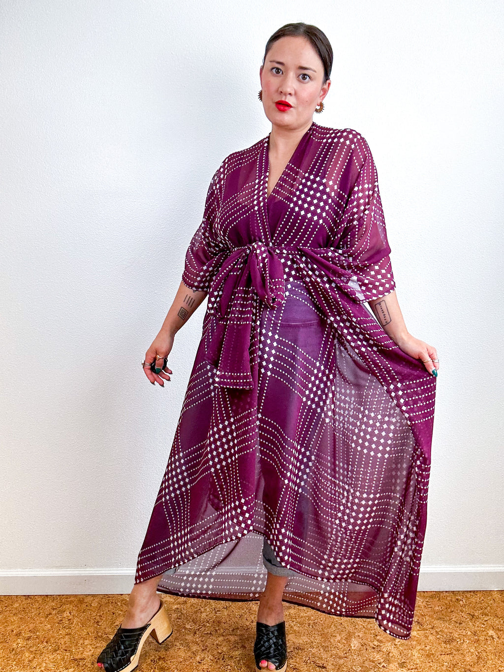 Print High Low Kimono Maroon Grid Chiffon