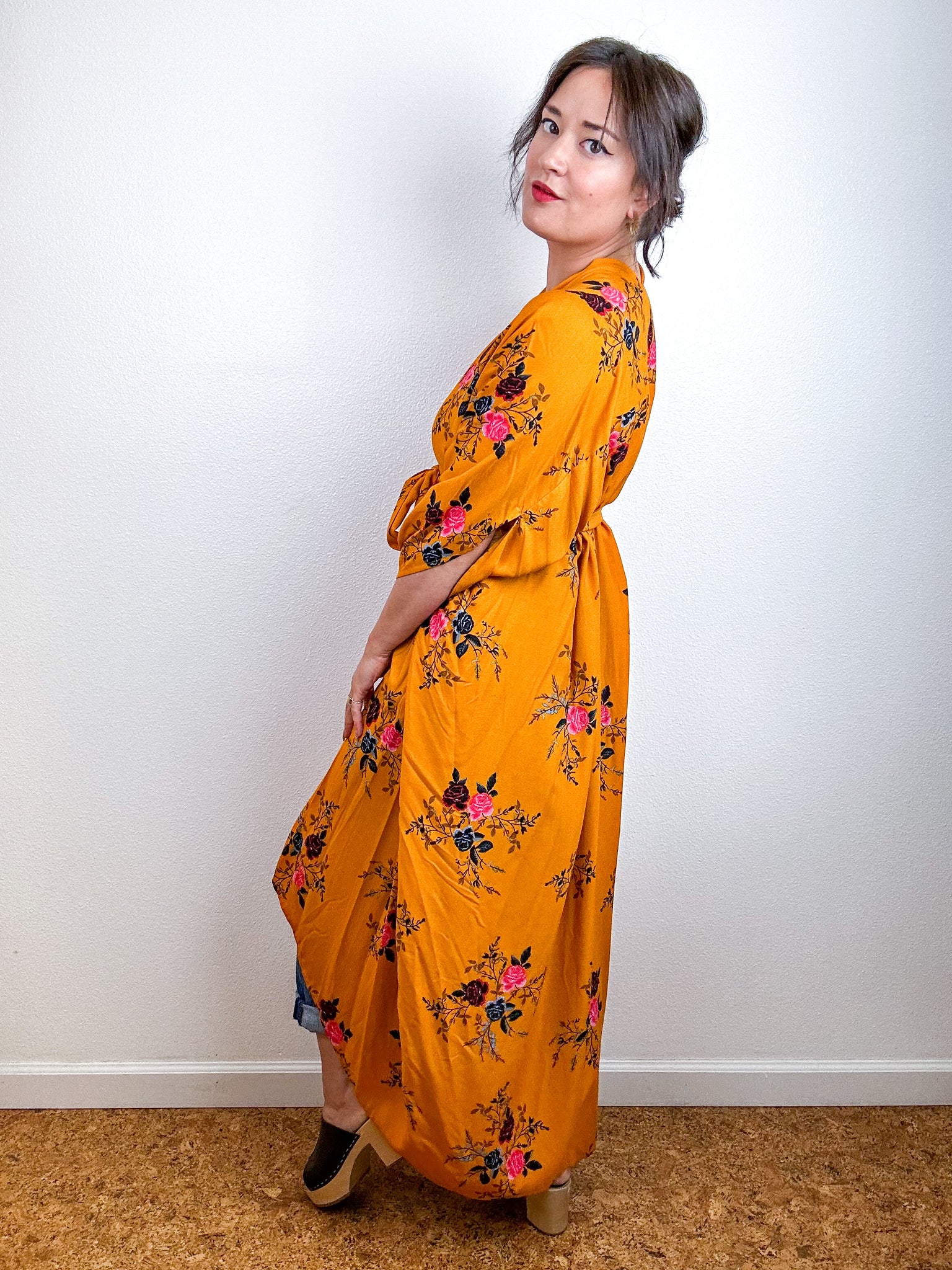 Print High Low Kimono Marigold Floral Challis