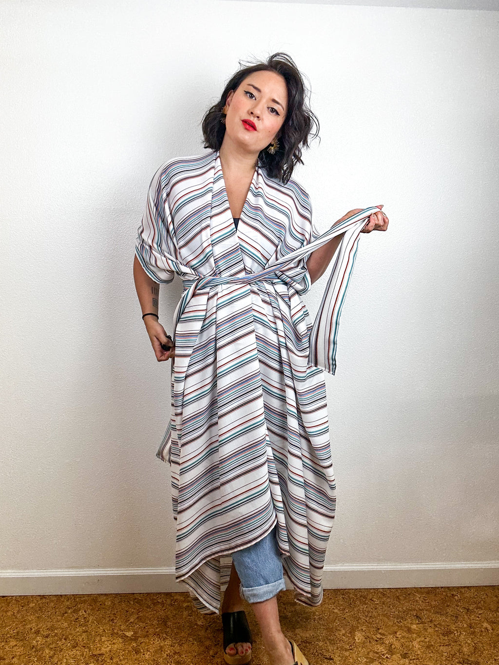 Print High Low Kimono Ivory Stripe Challis