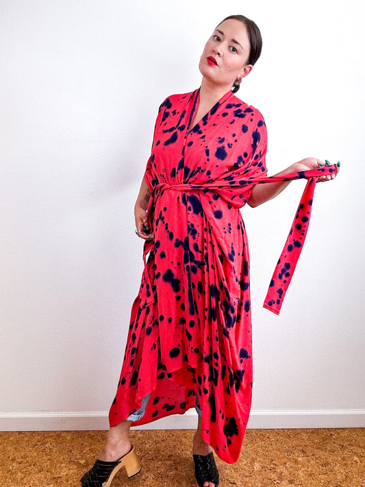 Hand-Dyed High Low Kimono Coral Indigo Speckle