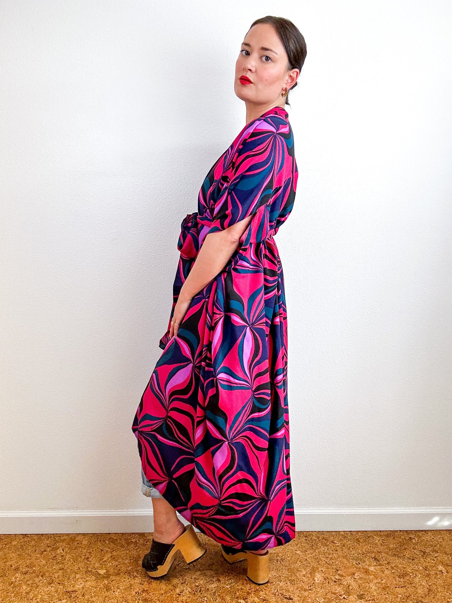 Print High Low Kimono Magenta Navy Swirl Challis