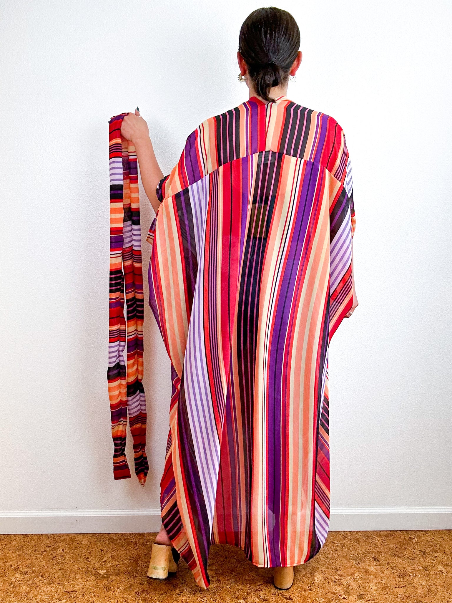 Print High Low Kimono Red Lavender Stripe Chiffon