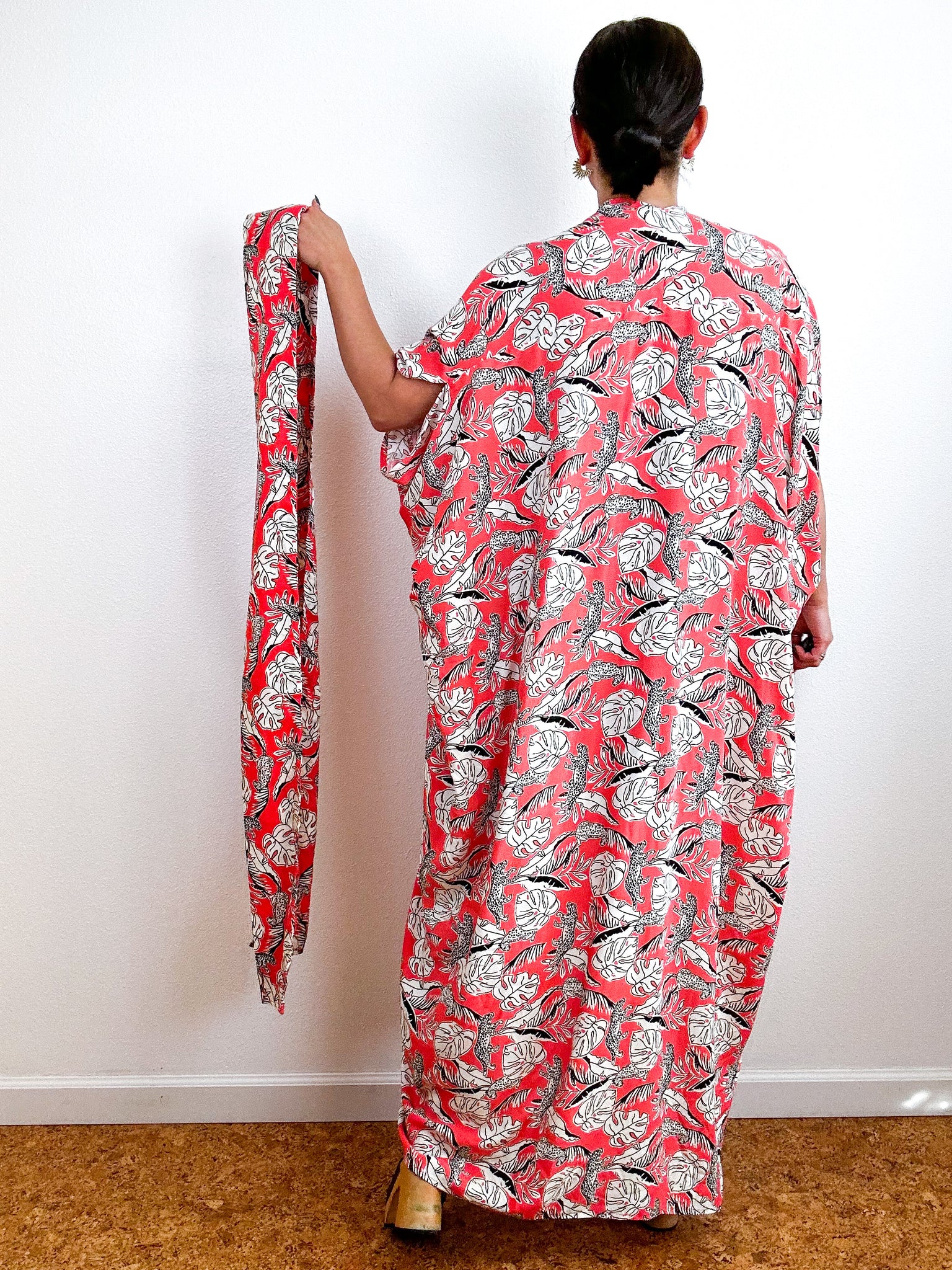 Print High Low Kimono Coral Cheetah Leaves Challis