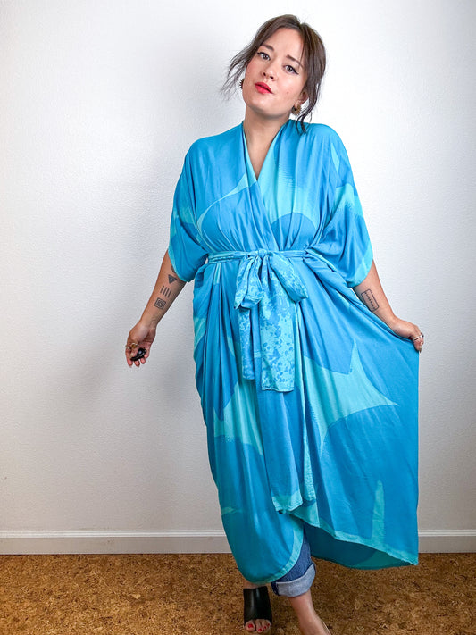 Hand-Dyed High Low Kimono Aqua Turquoise Arc