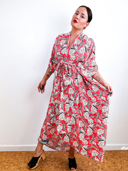 Print High Low Kimono Coral Cheetah Leaves Challis