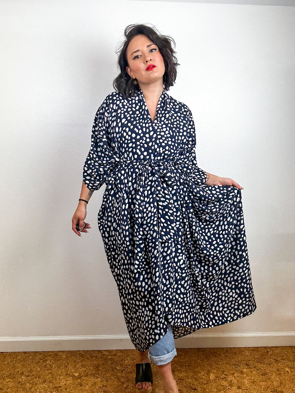 Print High Low Kimono Navy Speckle Challis