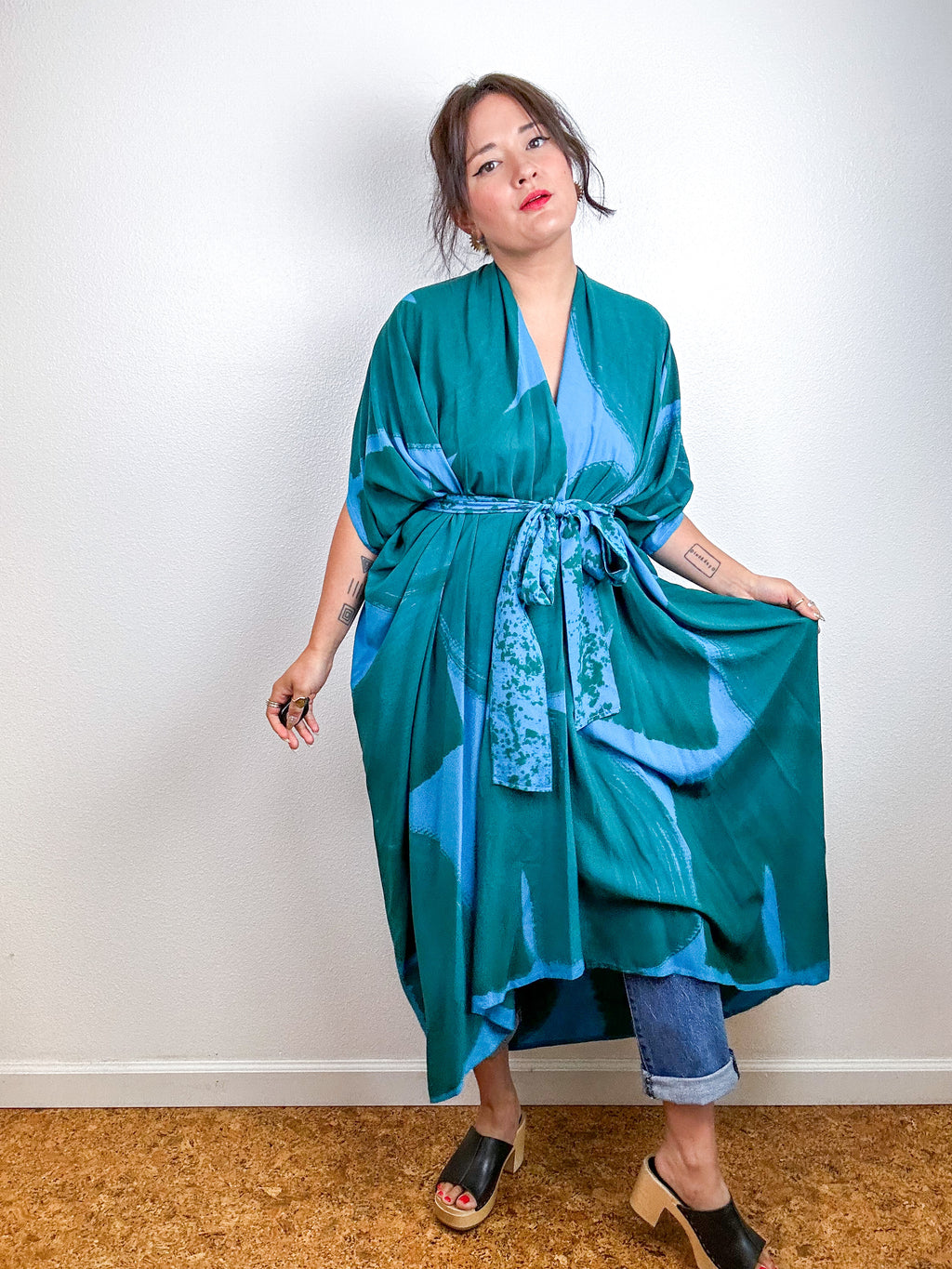 Hand-Dyed High Low Kimono Turquoise Green Arc