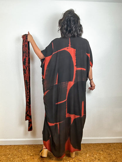 Hand-Dyed High Low Kimono Rust Black Brushstroke