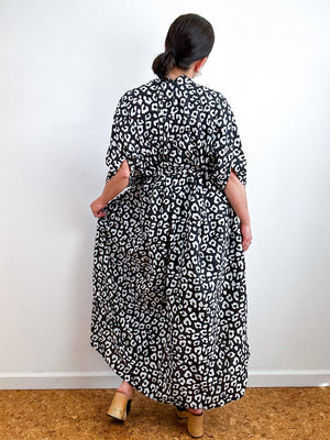 Print High Low Kimono Black White Leopard Challis