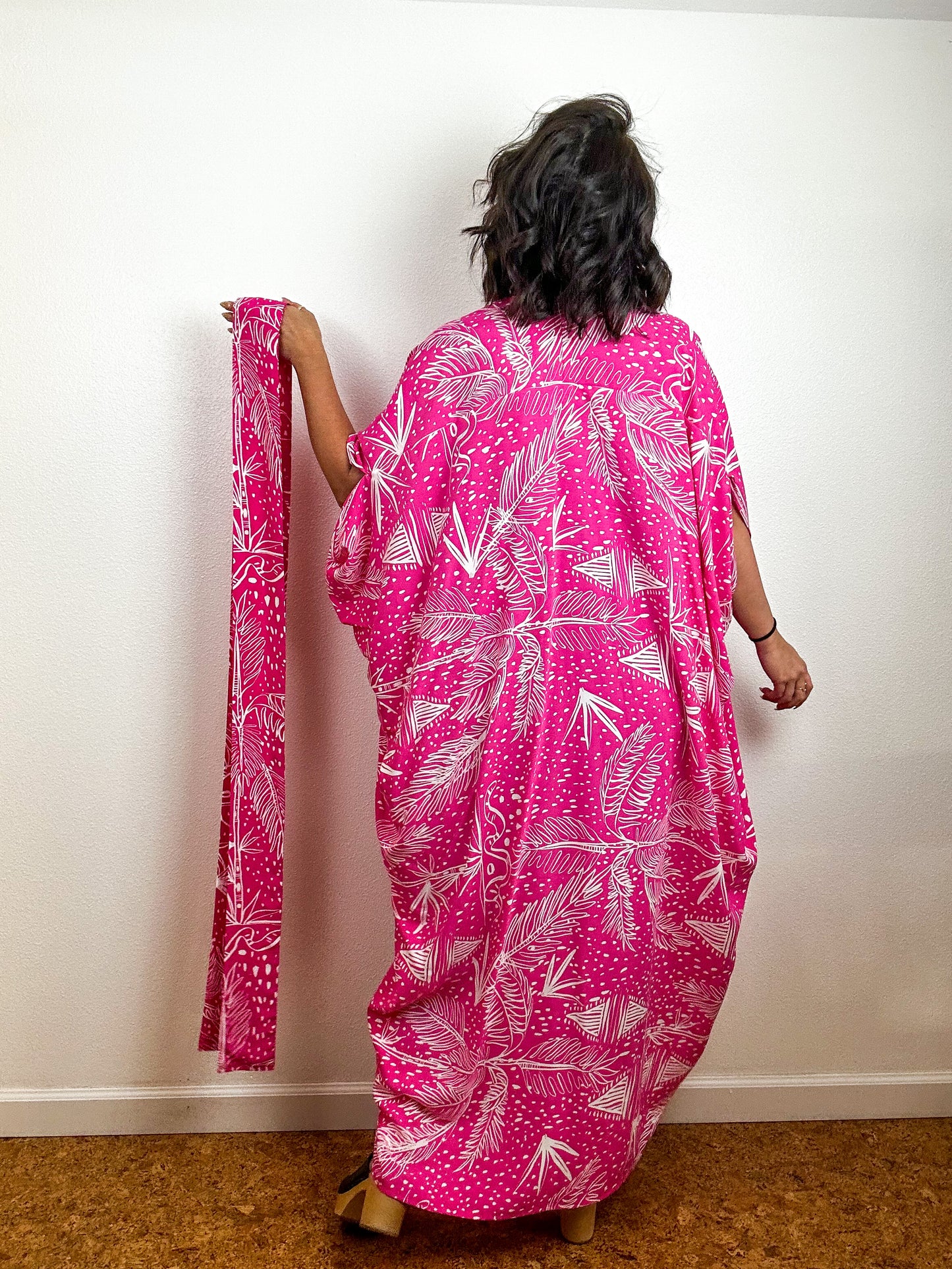 Print High Low Kimono Pink Tropical Challis