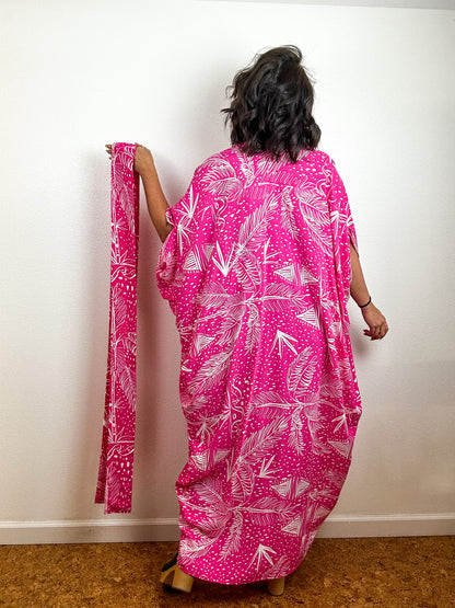 Print High Low Kimono Pink Tropical Challis