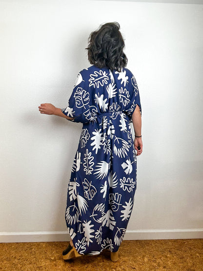 Print High Low Kimono Navy Mod Leaves Challis