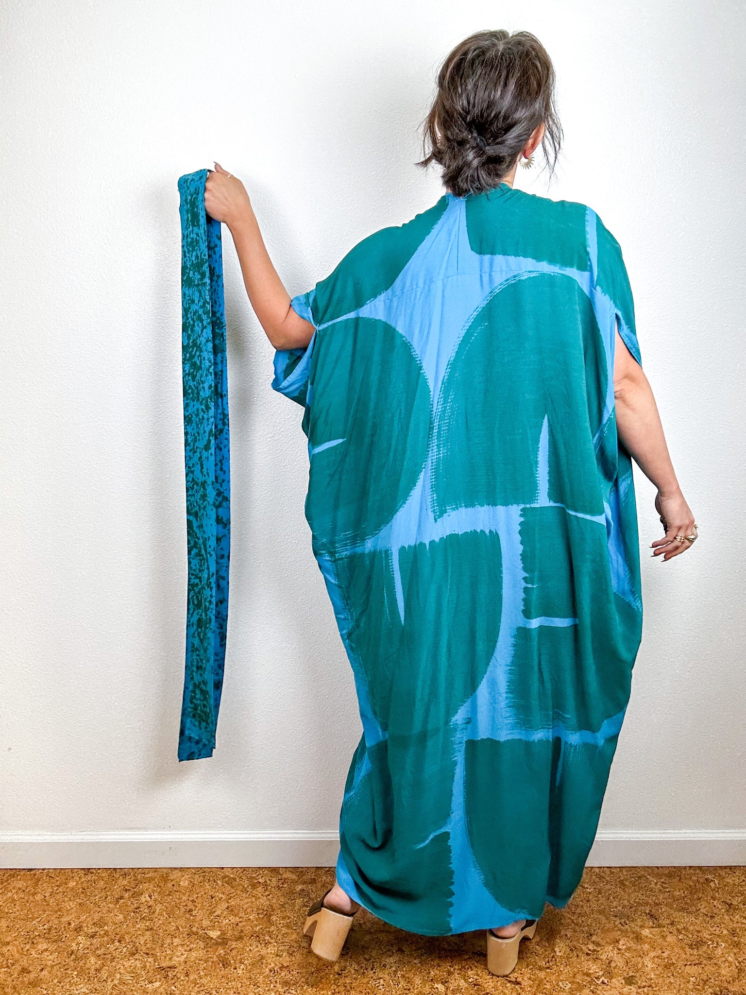 Hand-Dyed High Low Kimono Turquoise Green Arc